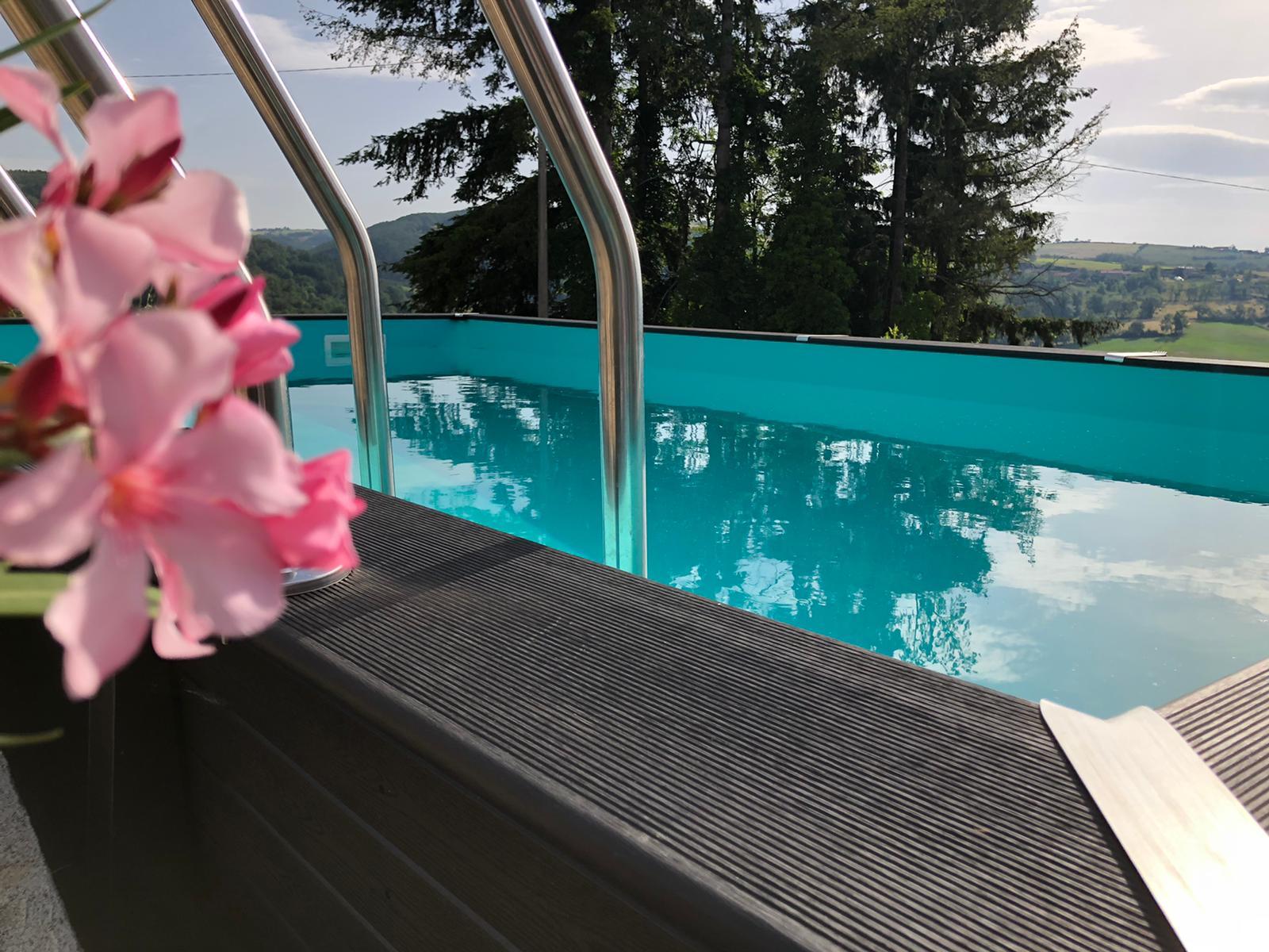 Black rectangular pool with pink flowers in the foreground